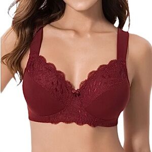 4/$40 Curve Muse 42DDD Unlined‎ Minimizer Wirefree Embroidery Lace Red Bra